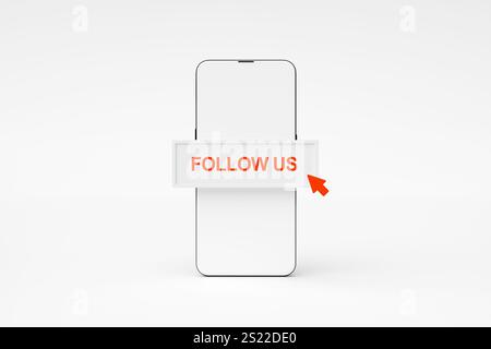 Smartphone screen displaying a follow us sign with a clicking mouse cursor, symbolizing social media engagement and online communication in technology Stock Photo