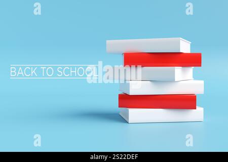 White and red books stacked on a vibrant blue background symbolize the back to school concept. 3D render. Stock Photo