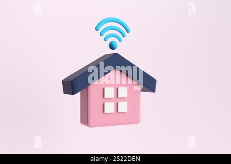 3d rendering of a pink house with a wifi signal floating above, representing the concept of a smart home. 3D render Stock Photo