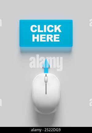 Click here web, network, and online webpage concept. Computer mouse is pointing at a click here button with an arrow, suggesting an action to take. 3d Stock Photo