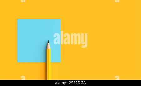 Yellow pencil is pointing at a blue sticky note on an orange background, representing creativity, ideas, and taking notes. 3D render Stock Photo