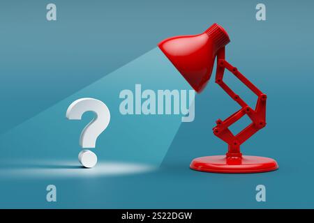 Red desk lamp illuminating a white question mark symbol against a blue background, representing the concept of finding solutions and answers. 3D rende Stock Photo