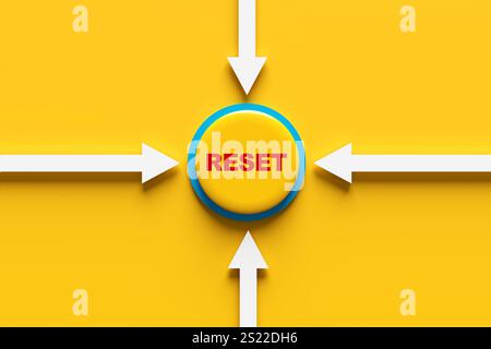 To reset or restart concept. Fresh change and new beginnings. Yellow button with the text reset is surrounded by arrows pointing at the center. Stock Photo