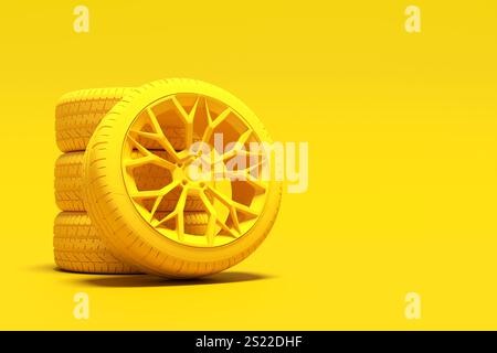 Bright yellow tires and sleek alloy rims stacked against a matching background, perfect for automotive enthusiasts. 3D render Stock Photo