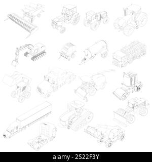 Collection of different types of vehicles, including trucks and tractors. The vehicles are all drawn in black and white. Isometric view. 3D. Vector il Stock Vector