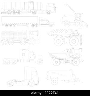Collection of drawings of different types of trucks. The drawings are all in black and white and are labeled with the type of truck they represent. Si Stock Vector
