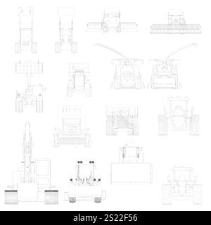 Collection of drawings of various vehicles, including a truck, a tractor, and a forklift. Front and back view Stock Vector