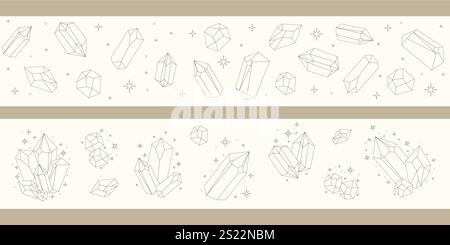 Celestial gemstones seamless border. Crystal thin line set. Simple magical crystal black contour symbol. Witchy. Stock Vector