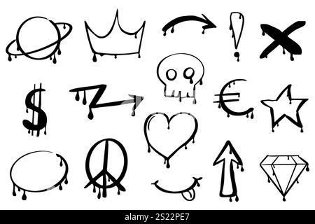 Graffiti y2k groovy tattoo hand drawn paint with splatter street drawing. Heart, smile arrow elements, ink print. Trendy splash brush illustrations. Vector illustration Stock Vector