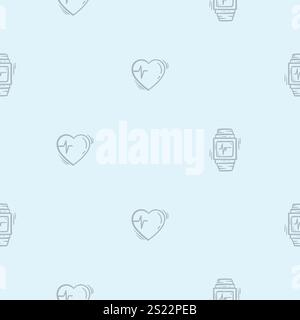 Simple black and white seamless pattern with heart rate and fitness bracelet. Vector editable background for sport Stock Vector