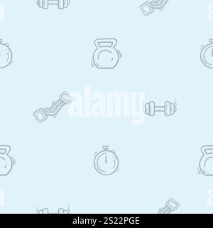 Simple black and white seamless pattern with dumbbells, kettlebell, expander and stopwatch. Vector background Stock Vector