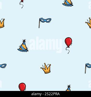 Bright vector seamless pattern with holiday, party, carnival attributes, mask, crown, balloon. Editable background Stock Vector