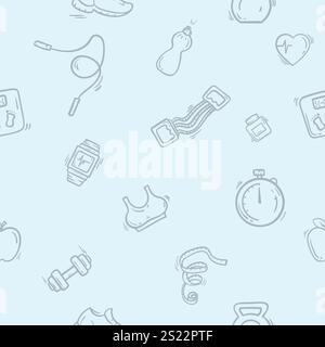 Simple black and white seamless pattern with equipment for sports, fitness, gym and healthy lifestyle. Hand drawn design Stock Vector