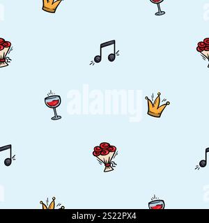 Bright vector seamless pattern with holiday attributes, party, music, crown, flowers. Editable repeating background Stock Vector