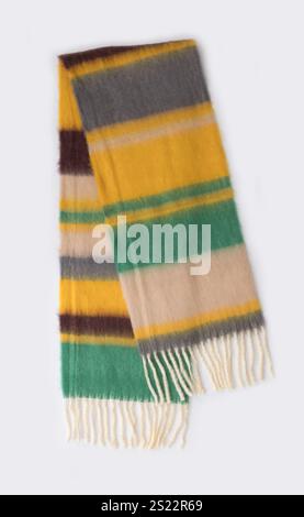 Fluffy long striped multicolor stole isolated on white background Stock Photo
