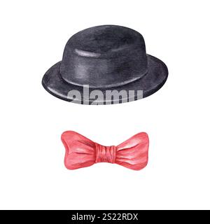 Black felt derby hat and red bow tie watercolor illustration. Front view. Festival costume accessories for masquerade parade, circus poster. Stock Photo