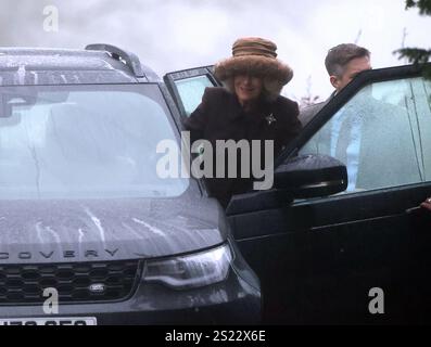 Sandringham, UK. 05th Jan, 2025. Queen Camilla, attends the Sunday morning service at St. Mary Magdalene church in Sandringham. The King and Queen Camilla are spending the Christmas period at Sandringham where they were joined by other members of the royal family on Christmas Day. King Charles III, Sandringham, Norfolk, on 5th January, 2025 Credit: Paul Marriott/Alamy Live News Stock Photo