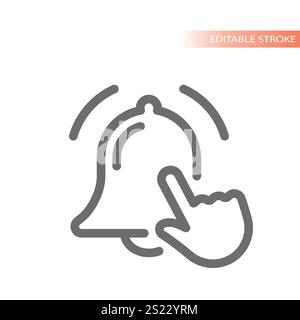 Mouse hand and ringing bell. Touch or click cursor vector line icon. Stock Vector