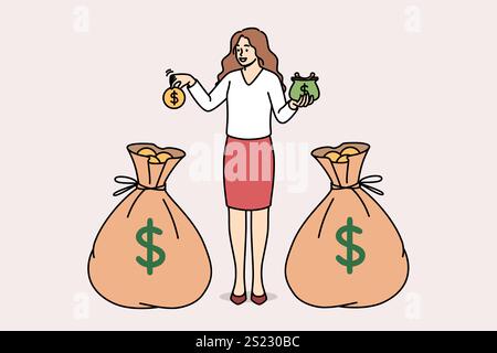 Rich woman distributes money between two bags of gold, accumulating capital for investment. Rich girl uses income to accumulate large capital for early retirement and comfortable old age. Stock Vector