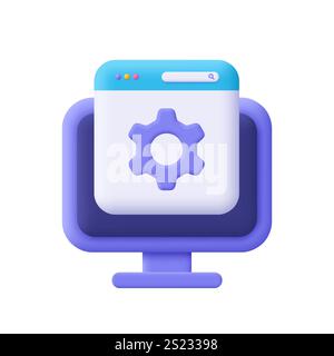 Computer monitor display with webpage browser and gear. Online support, settings, repair service and technical support concept. 3d vector icon. Cartoo Stock Vector