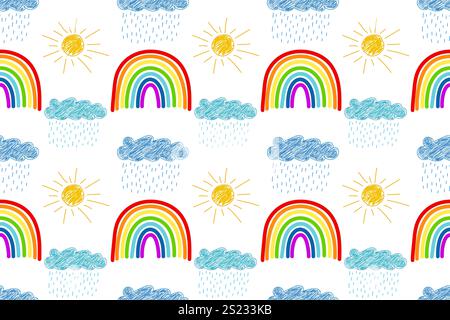 Hand-drawn rainbows, sunny and rainy weather icons in a cheerful seamless pattern with vibrant colors on white. Stock Vector