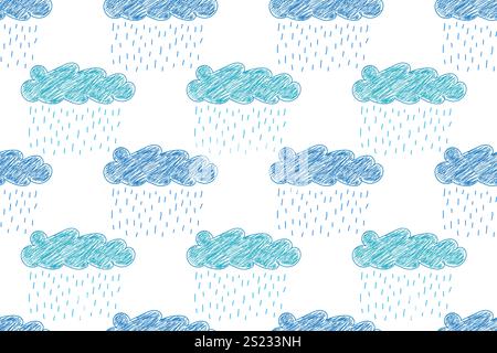 A seamless pattern of hand-drawn blue and teal rain clouds with sketch-style raindrops, perfect for backgrounds, prints, and weather-themed designs. Stock Vector