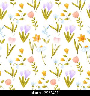 A seamless pattern of spring flowers. Tulip, daffodil, crocus, daisy. Vector illustration Stock Vector