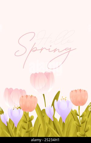 Hello, spring. Poster, banner vertical pink with flowers. Vector illustration Stock Vector