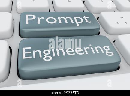 3D illustration of computer keyboard with the script Prompt Engineering on two buttons. Stock Photo