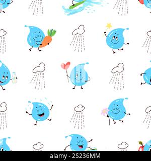 Cute water drops seamless pattern. Funny cartoon positive characters, blue drop print for fabric, wrapping, wallpaper design. Nowaday vector texture Stock Vector