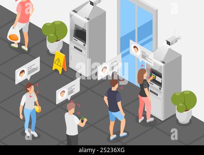 Atm security isometric concept. Face recognition and personal security in public space. Banking system, people queue for cash withdrawal flawless Stock Vector