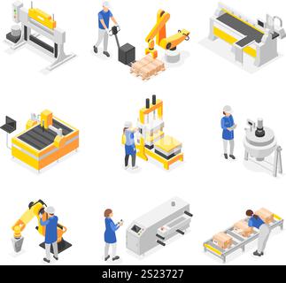 Isometric factory workers. People in uniform working with technology machines and modern robotic arms. Assembly line, manufacturing flawless vector Stock Vector