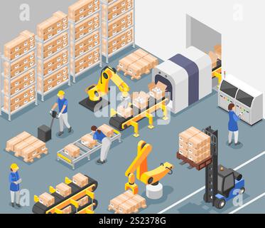 Isometric manufacturing. Workers working on assembly line, conveyor, with robotics arms and modern factory machines. Robots and people, flawless Stock Vector