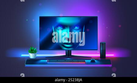 Face of artificial intelligence on computer screen. Gaming computer monitor with keyboard shows an AI face looking at gamer. Modern gaming pc on desk Stock Vector