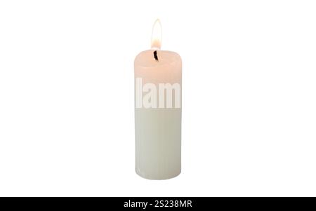 Burning ribbed pillar wax candle isolated on white. Bright flame. Candlelight. Stock Photo