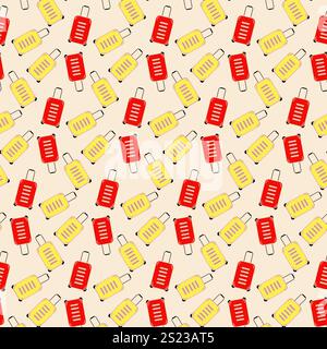 Travel suitcase on wheels with handle Seamless Pattern in trendy red and yellow. Trip backdrop idea. Vector illustration Thematic cards, posting, blog or web promo, leaflet Stock Vector