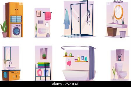 Bathroom. Sink and bathtub in cozy modern interiors exact vector flat pictures style Stock Vector