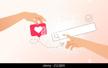 Hand holding like icon and direct message sign. Hands of lovers touching each other. Vector illustration of finding love for Valentine's day greeting Stock Vector