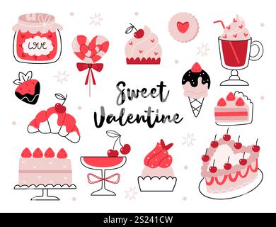Set of sweets for Valentine's Day. Jam, caramel, cake, cupcake, croissant, coffee, latte, cocktail, chocolate-covered strawberries, ice cream, cookies Stock Vector