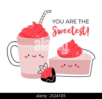 Strawberry cake, dessert, cheesecake and latte, sweet drink. Couple in love. You are the sweetest! Valentine's Day. Stock Vector