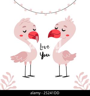 Two pink flamingos in love. I love you. Valentine's Day. Pale pink colors. Stock Vector