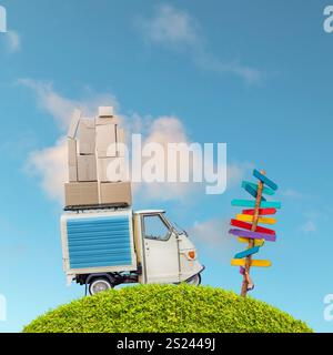 Vintage Italian three wheeled scooter van with cardboard boxes and colorful wooden route signpost Stock Photo
