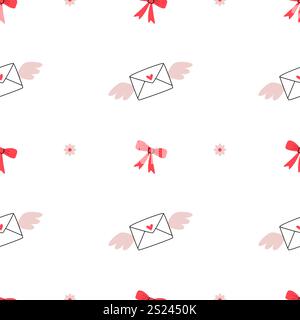 Pattern in pink simple flowers, bows and envelopes with wings on a white background. Valentine's Day. Stock Vector