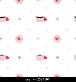 Pattern in pink simple flowers, stars, cookies and romantic cups on a white background. Valentine's Day. Stock Vector