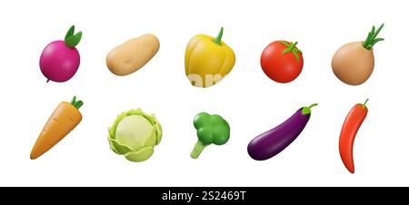 3D vegetable. Healthy food. Tomato and potato. Health diet. Nutrition products. Render cabbage and broccoli. Agriculture harvest. Cooking ingredients. Stock Vector