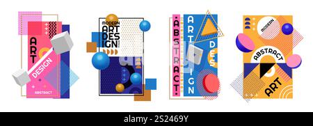 Modern design elements. Abstract graphic poster. Geometric layout template or 3D shape cover. Cubes and spheres. Dotted texture. Memphis frame. Color Stock Vector