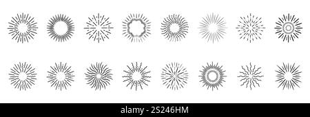 Line firework. Star light, geometric burst frame. Circle round sunburst, elegant graphic sunshine or starburst. Abstract radial outline logo. Hand dra Stock Vector