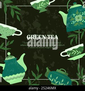 Tea background. Green hot beverage, different cups and teapots. Card, advertising poster or social media post graphic design. Cozy doodle patterned ta Stock Vector