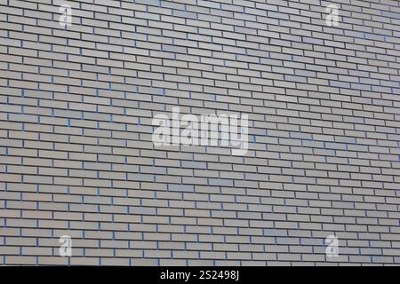 Light gray bricks are arranged horizontally, forming a contemporary wall surface with subtle blue grouting. Stock Photo