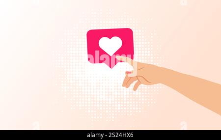 Hand touching love reaction icon, creative background. Hand of lovers touching heart like button. Vector illustration for Valentine's Day Stock Vector